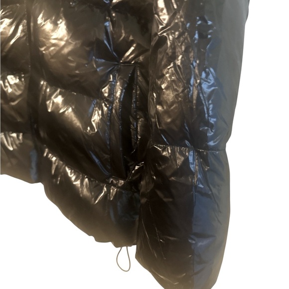 Mono B Faux Leather Jacket Size Large Black Puffer High Neckline Removable Hood - Picture 5 of 13